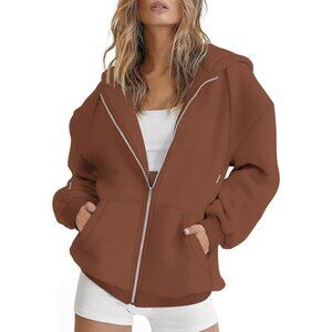 Women's Dark Brown Hoodies Sweatshirts Jackets Long Sleeve Zipper Pockets